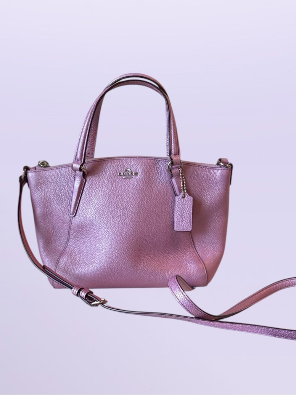 Coach Mini Kelsey Satchel in a metallic lilac purple pebbled leather